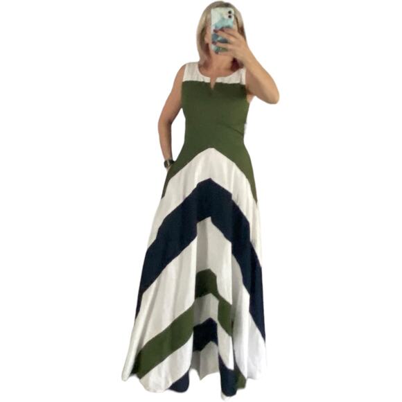 EUC eShakti Green Navy Chevron Stripe Full Skirt Sleeveless Summer Maxi  Medium - Picture 4 of 12